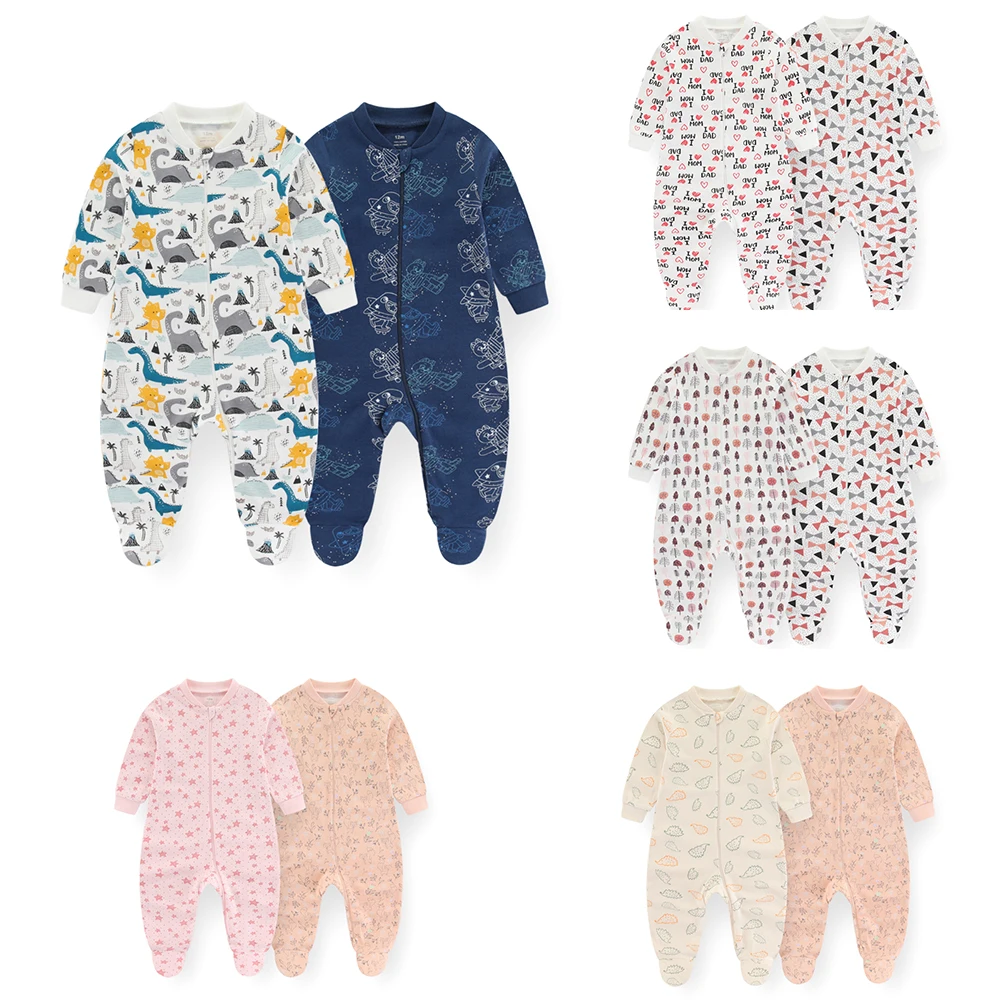 Kiddiezoom 2 Pcs/Lot 0-12Months Cartoon Long Sleeve Zipper Baby Boys Girl Romper 100%Cotton Soft Newborn Jumpsuits Clothes