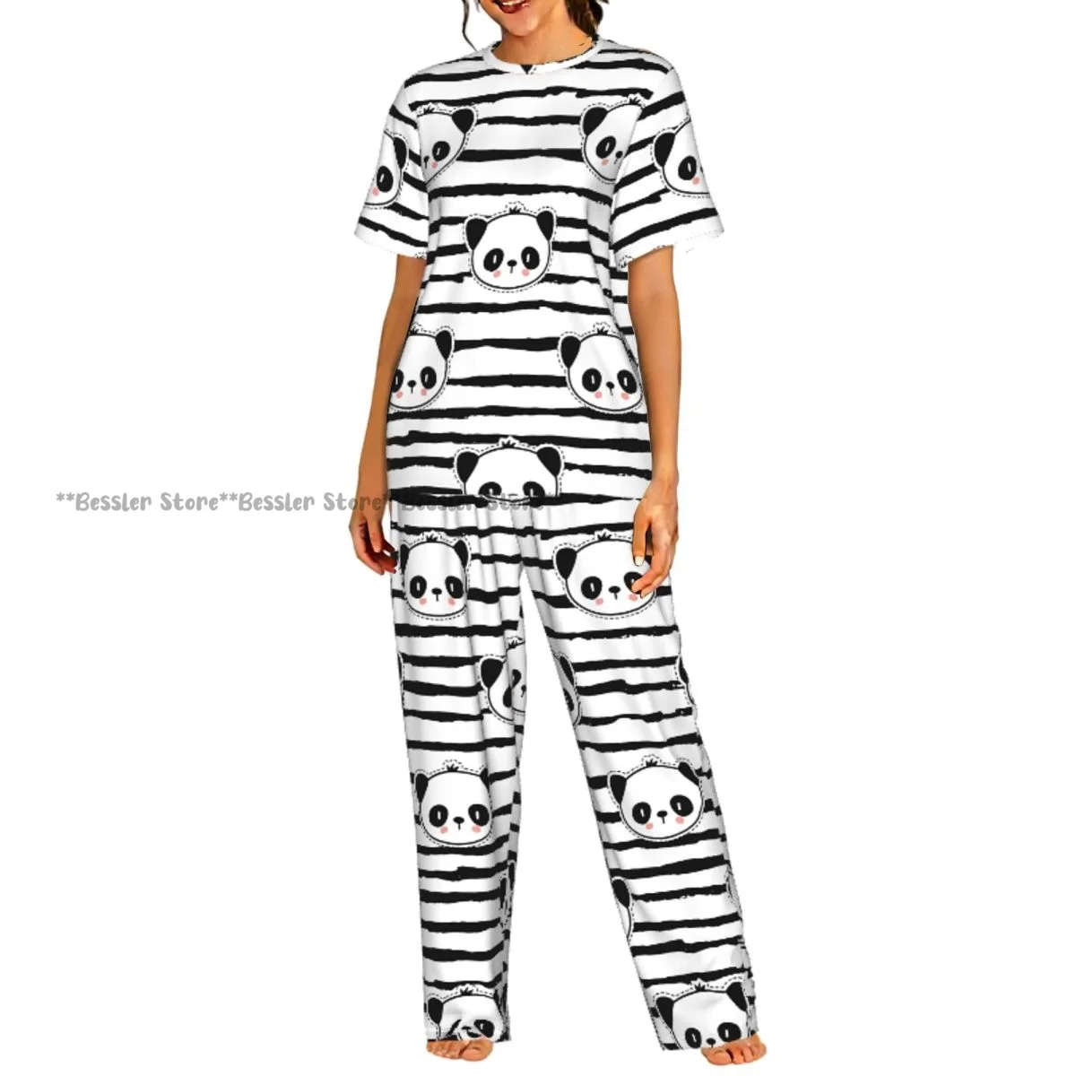 Women's Black And White Panda Bear Strip Pattern short sleeve trousers casual pajamas set