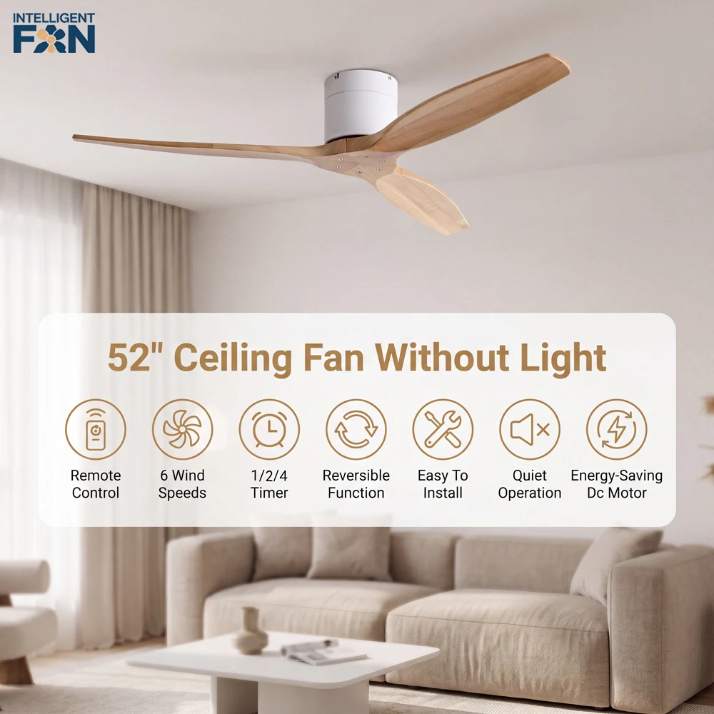 42/52/60 Inch Ceiling Fan 3 Wooden Blades Vintage Industrial Wood Ventilator Remote Control for Coffee Shop Home Hotel Office