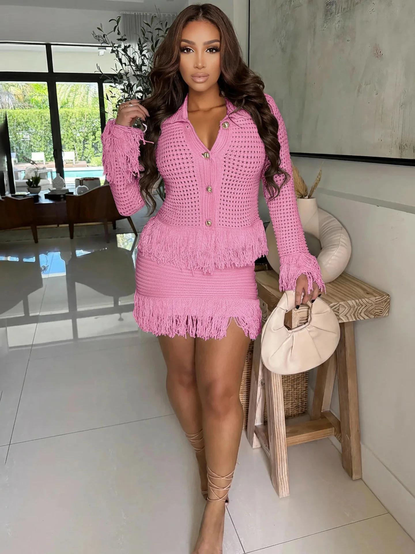 

Tassel Patchwork Solid Hollow Knitted 2 Piece Set Women Lapel Collar Long Sleeve Single Breasted Cardigan Top + Mini Skirts Suit