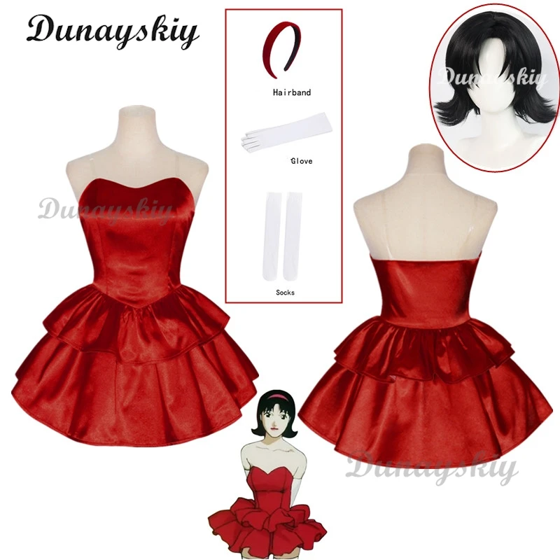 Costume Cosplay Mima blu perfetto abito tubino senza spalline rosso con fascia con calze e guanti alti alla coscia