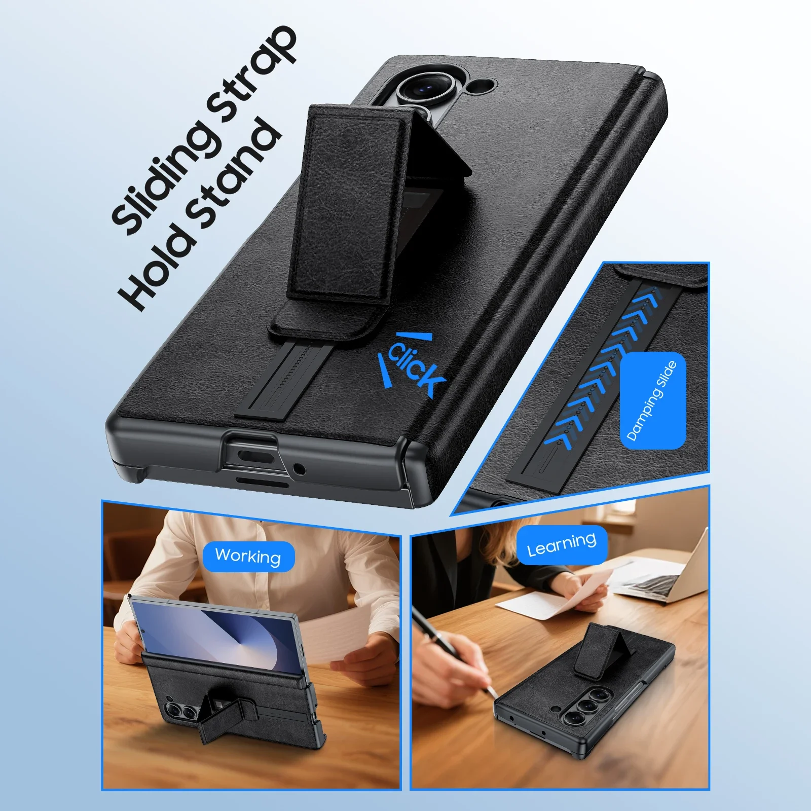 With[2 Pack Screen Protector][Hold Strap][Hinge Cover]Shockproof Leather Protective Phone Case for Galaxy Z Fold 6/7-Retro Black