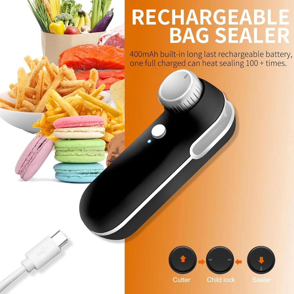 Portable Packaging Heat Sealer 2 in 1 USB Rechargeable Bag Mini Heat Sealer&Cutter Easily Seal Snacks Plastic Bags for Storage