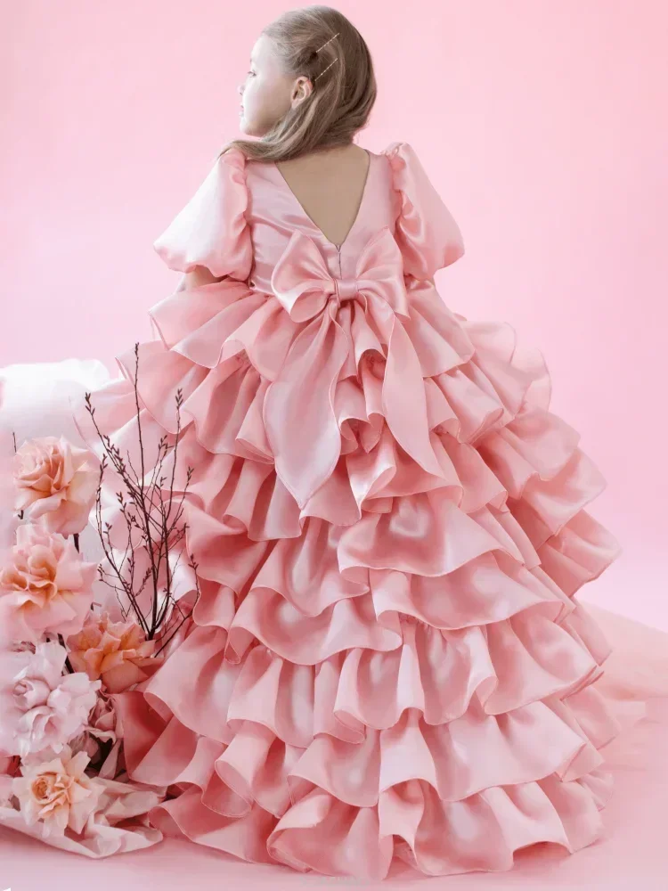 

Long Dress Flower Girl Dresses Birthday Party Holy Communion Gowns With Bow Tailing Short Sleeve For Wedding Kids Beige Tiered