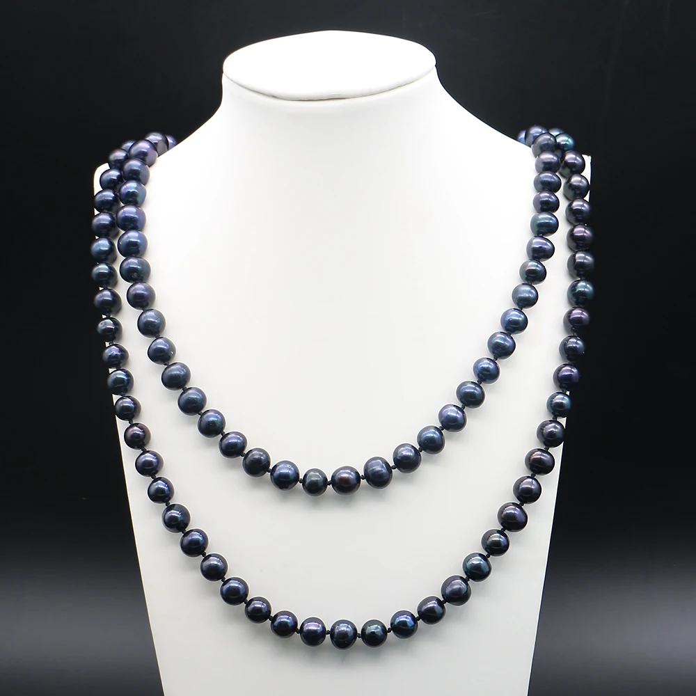 

Ожерелье из круглого натурального пресноводного черного жемчуга 8-9 мм, длинная нить 132 см, женский вырез из бисера, ювелирные аксессуары ручной работы