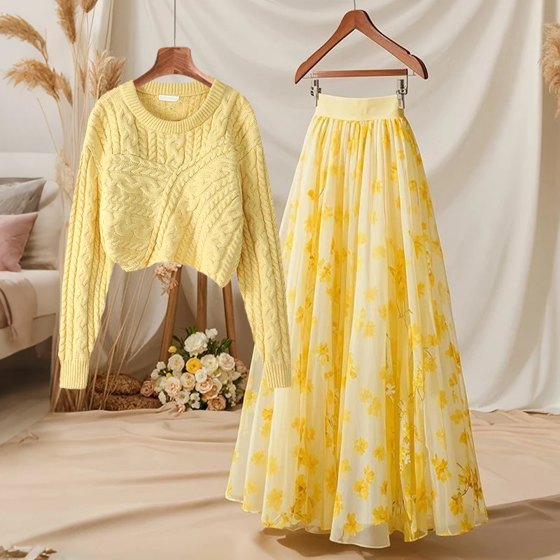 

Autumn Winter Yellow Knitted Sweater High Waist Floral Skirt Set Women's Faion round Ne Ensemble Agel Elegance