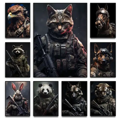 Animals Wearing Military Uniforms and Holding Gun Soldiers Poster Wolf Cat Dog Panda Eagle Horse Canvas Painting Wall Art Decor