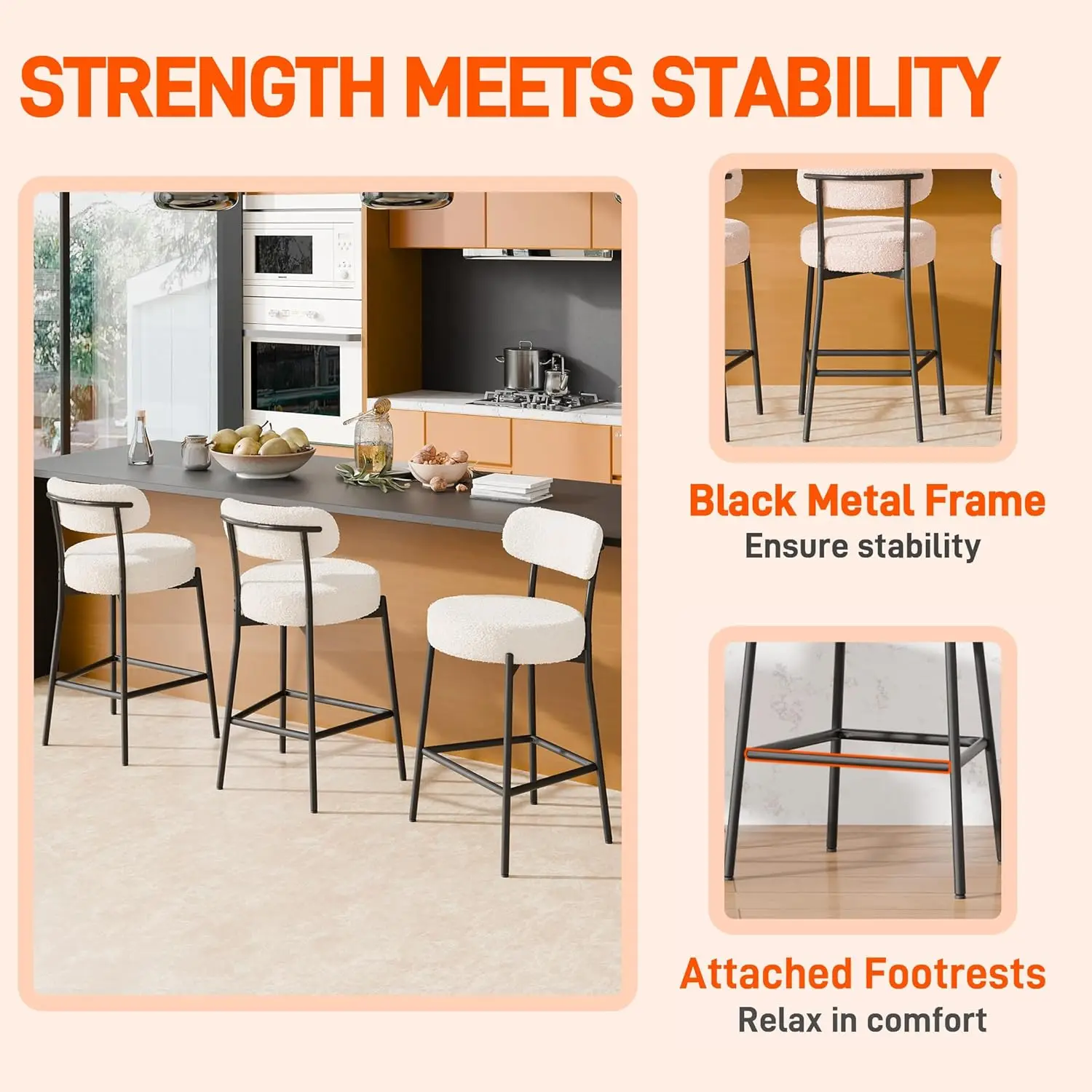 مجموعة مقاعد بار مقاس 24 بوصة مكونة من 3 قطع، مقاعد بارتفاع عداد أبيض حديث مع مقعد دائري سميك وظهر منحني