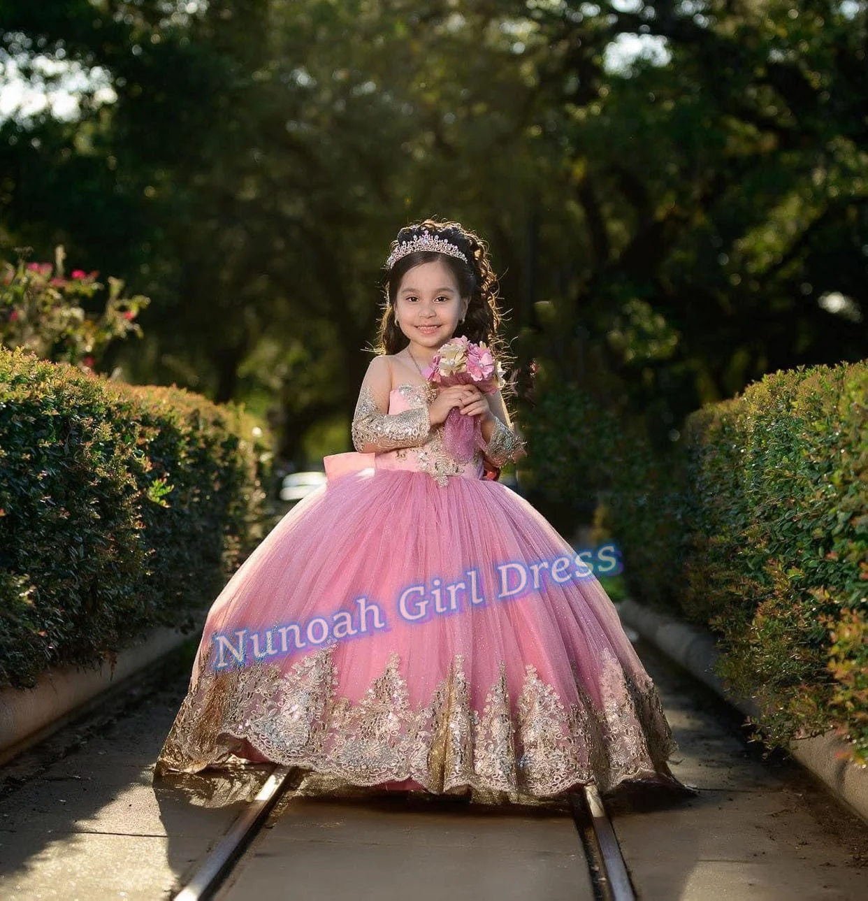 Vestidos de encaje con apliques de flores para niña, vestido de tul de manga larga para boda, vestido de baile de cumpleaños para niños, vestido de fiesta de comunión