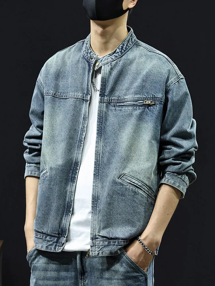 

Retro American Waed Denim Jaet ort Casual Stand Collar Men's Sli Spring New Sle Cotton Polyester Blend Jaet