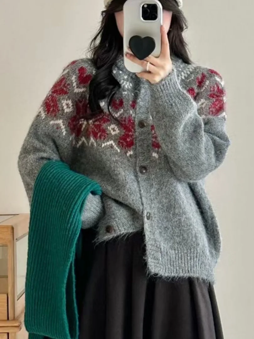 

Retro Color Blo Knitted Sweater Jaet Women's Autumn Winter New Loose Thiened Plu Feel Knit Open Cardigan Top