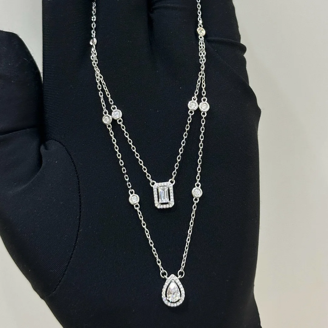 

100% стерлингового серебра 925 пробы, цирконий AAA, двухслойные квадратные подвески в форме капли воды, ожерелья для женщин, ювелирные изделия