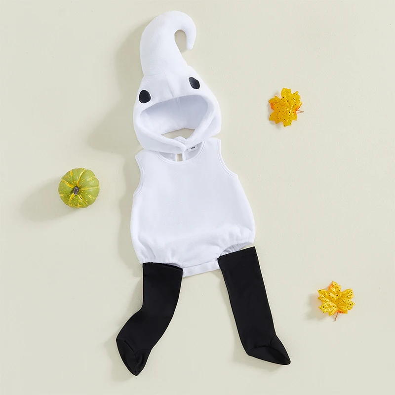 Suefunskry Baby 2Pcs Halloween Outfits Sleeveless Round Neck Romper with Hat Socks Set Cute Infant Cartoon Ghost Costume