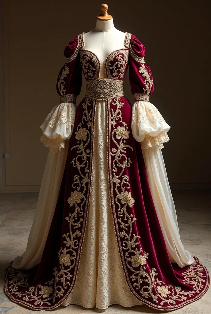 فستان حفلة موسيقية ملكي مهيب مستوحى من القفطان الجزائري باللون العنابي، فستان سهرة مطرز بالدانتيل، فستان زفاف مخصص بأكمام طويلة