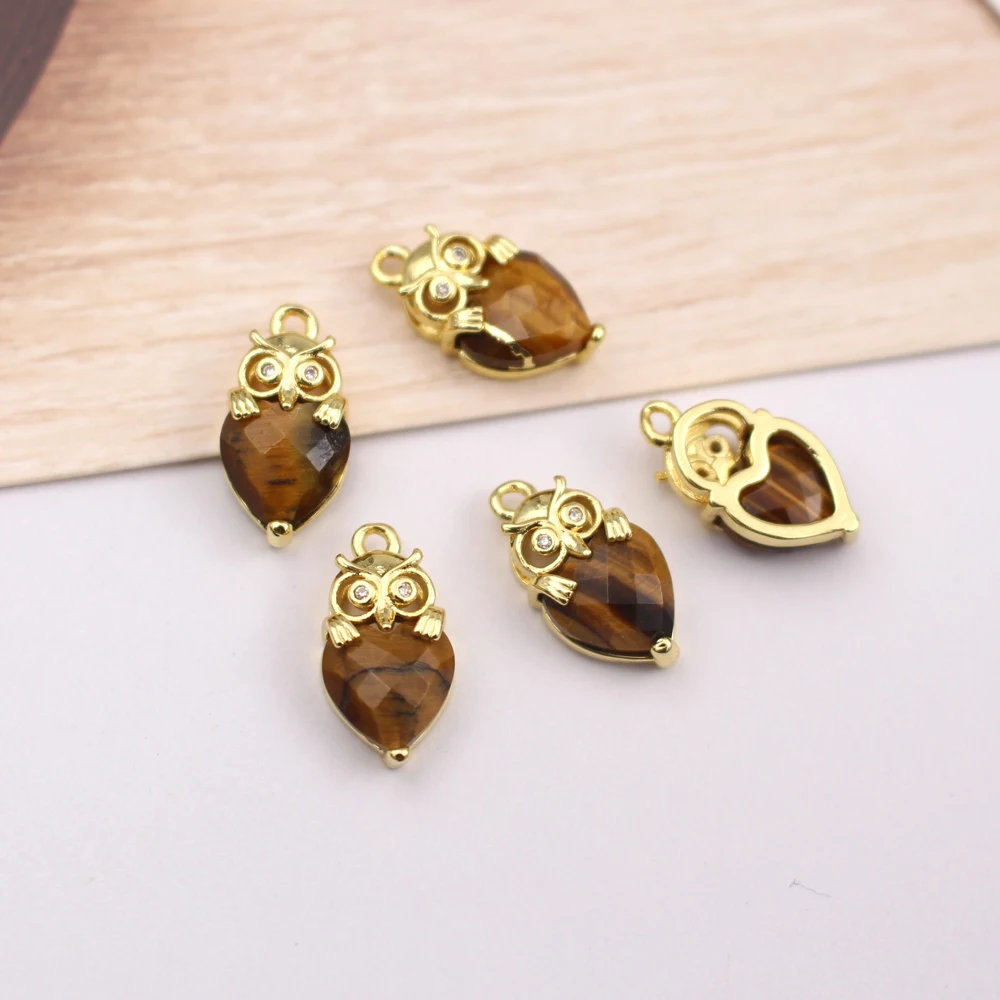 10pcs DIY Jewelry Accessories Owl Shape Natural Labradorite Stone Green Jade Stone Pendant CZ Charms