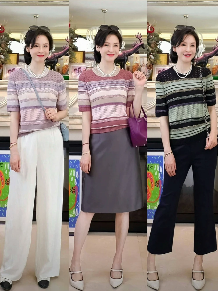 

Вязаный топ с цветными полосками и вырезами, круглый вырез горловины, короткий рукав, весна-лето, женская мода