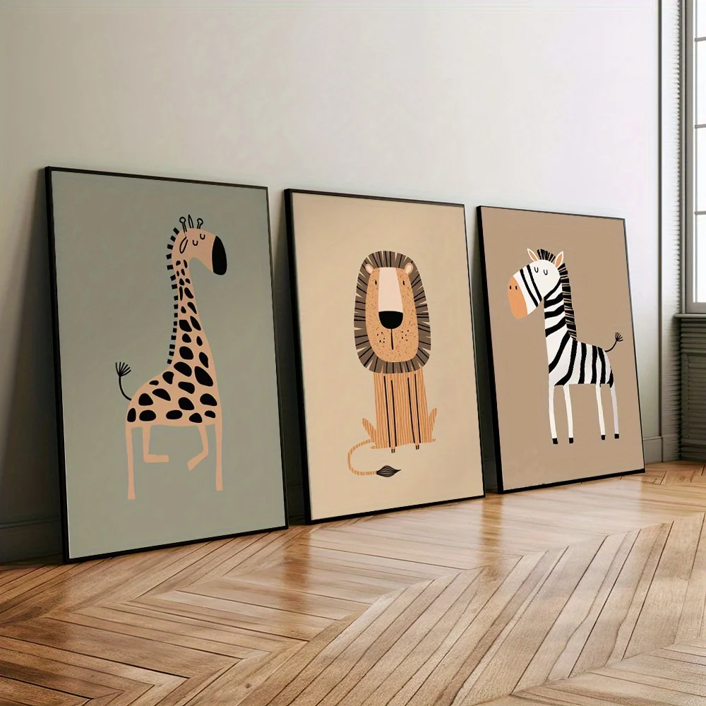 مجموعة فنية جدارية مكونة من 3 قطع من Jungle Safari - مطبوعات حيوانات على الطراز البوهيمي مع الزرافة والحمار الوحشي والأسد، ديكور أخضر نعناعي، حيوان بدون إطار