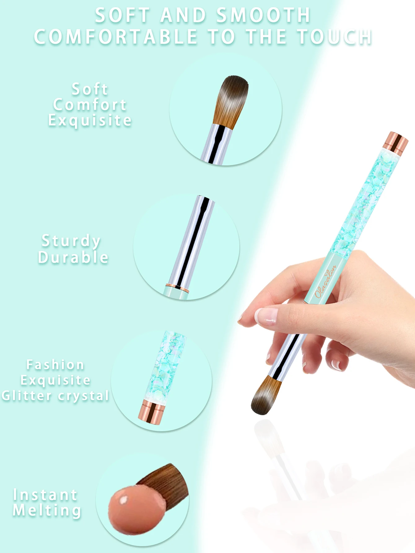 Olasalon 100% Kolinsky acrylic nail brush, acrylic nail brush for manicure, glittery with metal handle, mint Green urable