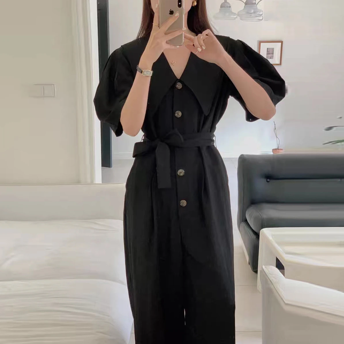 Women Doll Collar with Waist-tightening Tooling Jumpsuit Slim Fashion Casual Loose Korea Chic Wide-leg Mopping Jumpsuit Summer