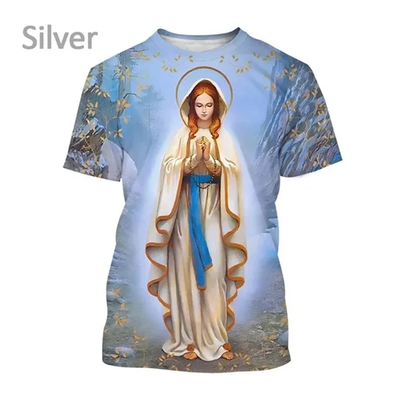 Virgin Mary 3D Printing T Shirt Summer Fashion Christian Mother Of God Pattern Short Sleeved Unisex Street Faith Casual T-Shirt