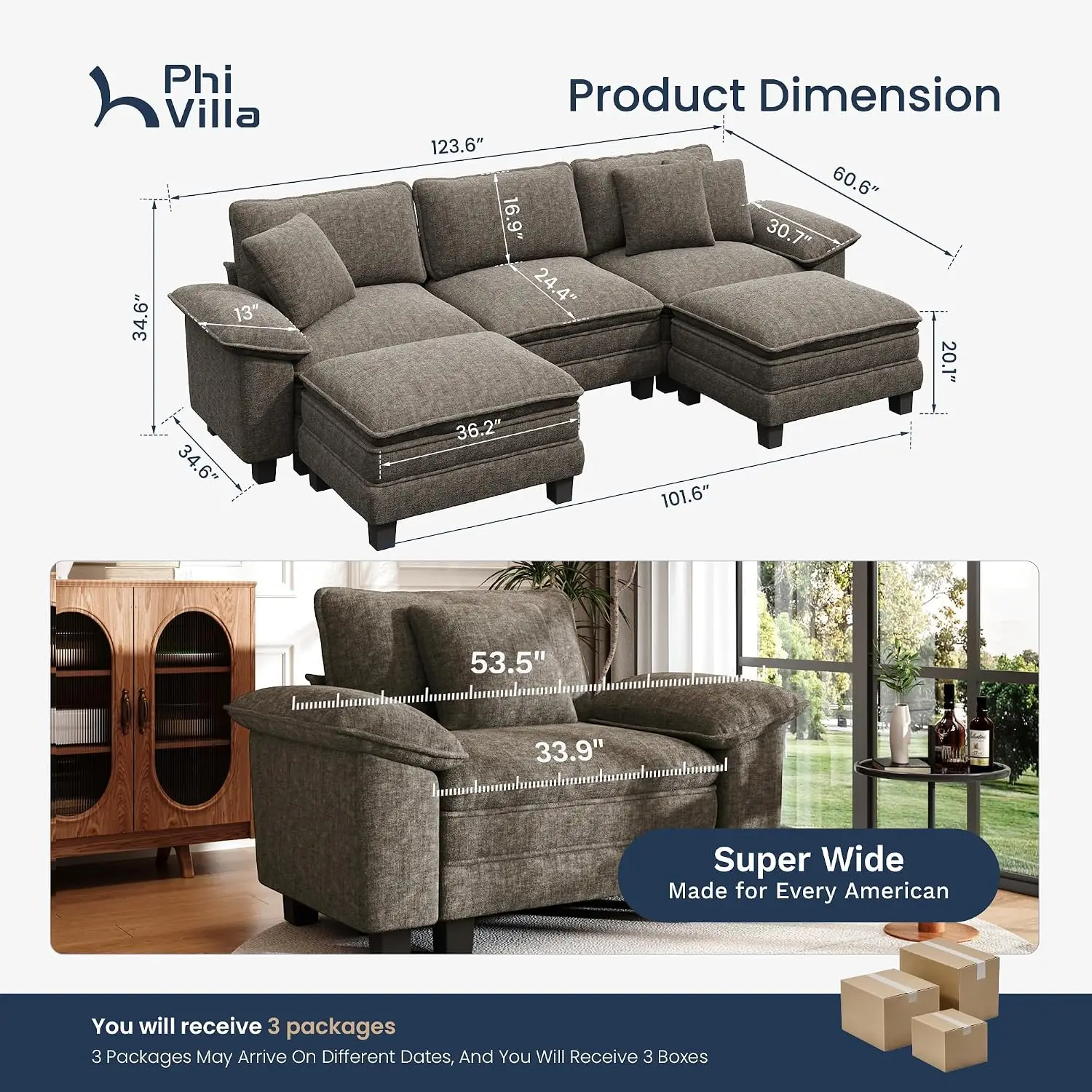 5-Seat U Shaped Modular Sectional Sofa with Ottoman, Customized