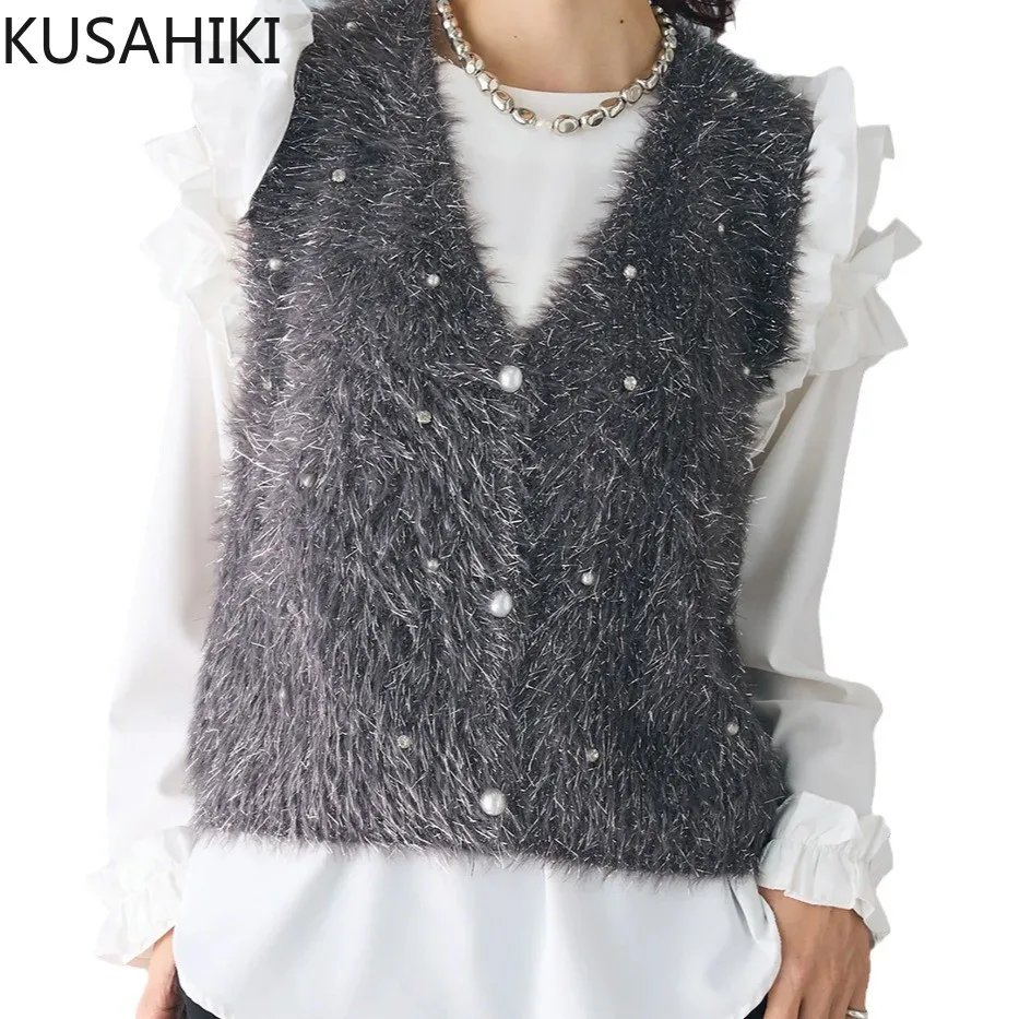 KUSAHIKI New Bead V-neck Sparkling Imitation Mink Hair Waistcoat Fashion Women's Vest