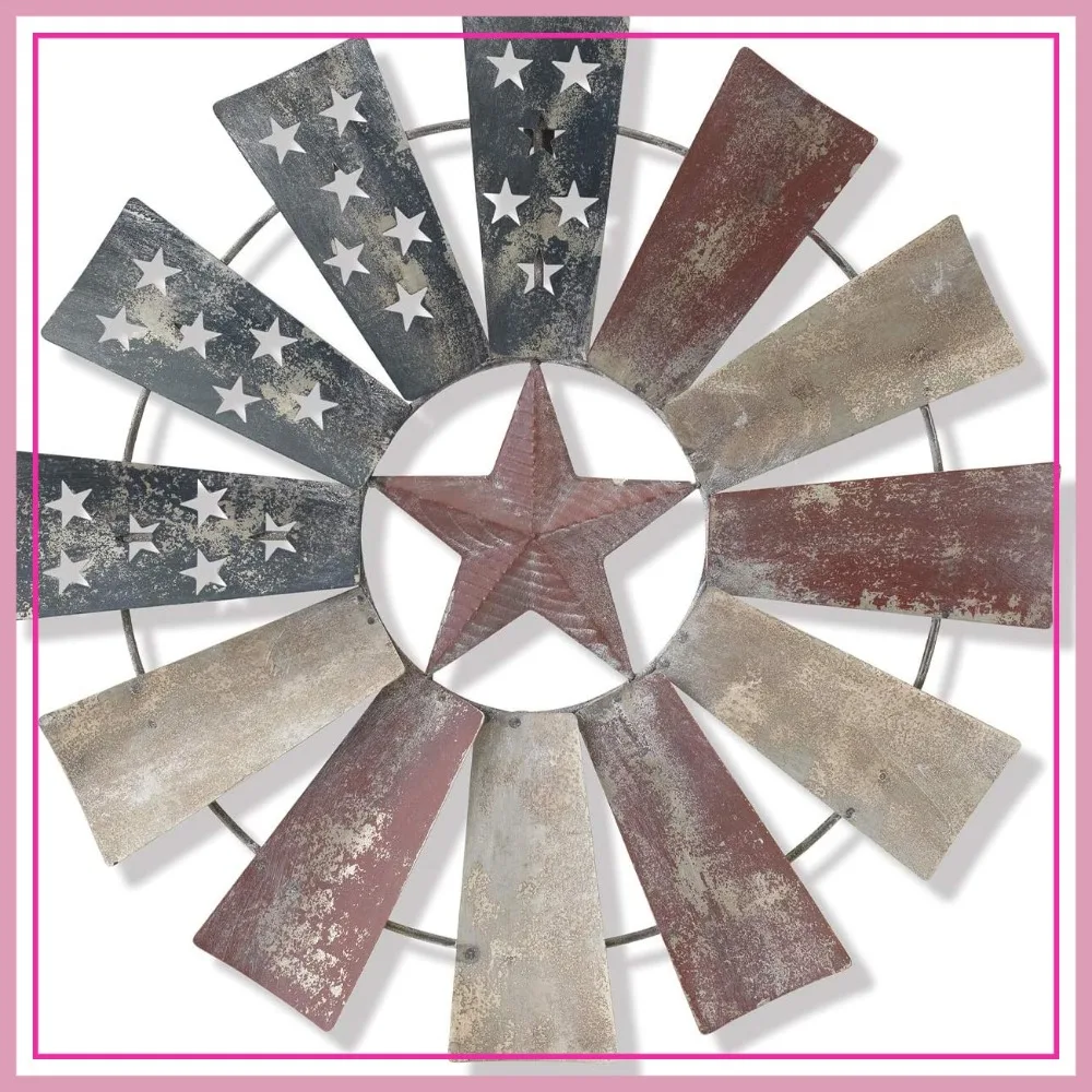 

21-Inch Vintage Metal American Flag Windmill Wall Art, Patriotic Farmhouse Front Door Decor for 4th of July