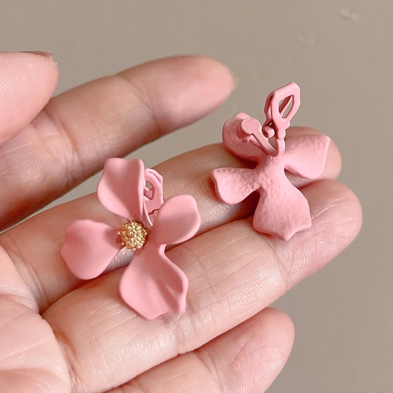 Summer Must-have: Alloy Korean Style Small and Cute Elegant Pink Flower Clip on Earrings for Women Non-Pierced Ears