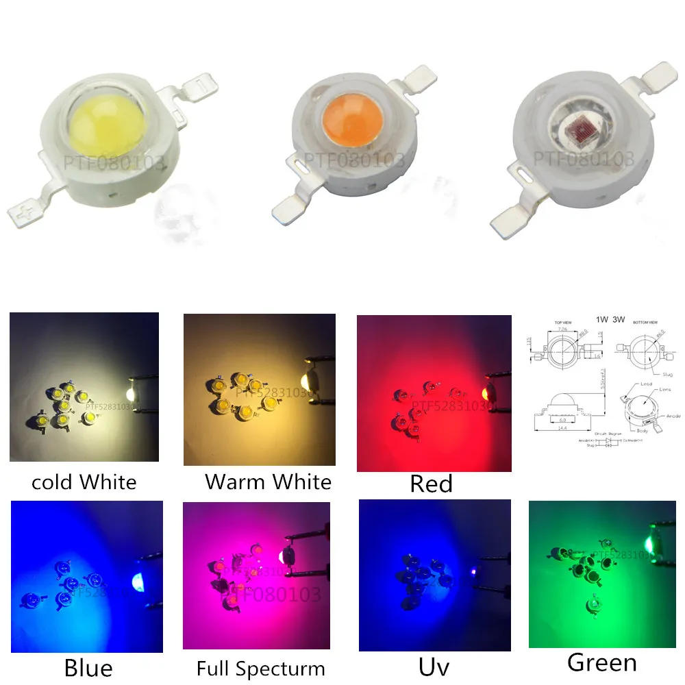 50pcs 1W 3W High Power LED Beads Full Spectrum White Warm White Green Blue Deep Red 660nm Royal Blue With 20mm Black Star PCB