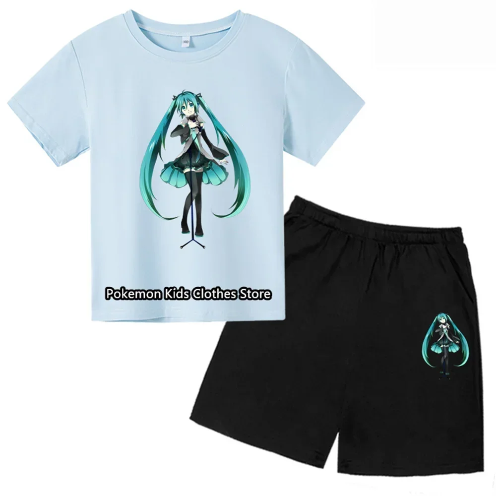 Hatsune Miku Short Sleeve T Shirt Set Kids T-shirt Clothes Harajuku Boy Girls Tshirt Hip Hop Tees All Match Trendy Street Style