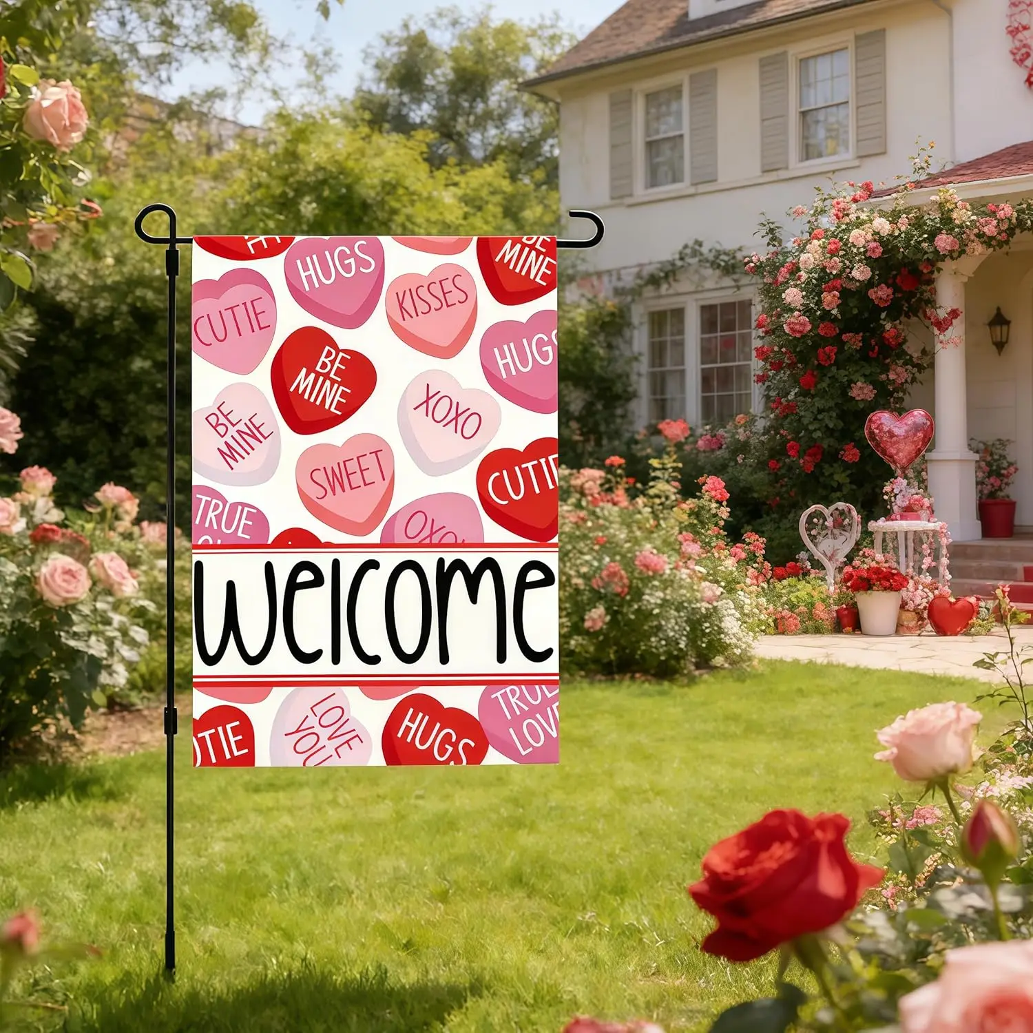 Garden Flag for Valentines Day, 12 x 18 Inch Double Sided Pink Red Love Hearts Welcome Design Hearts Rustic Anniversary Wedd PPM