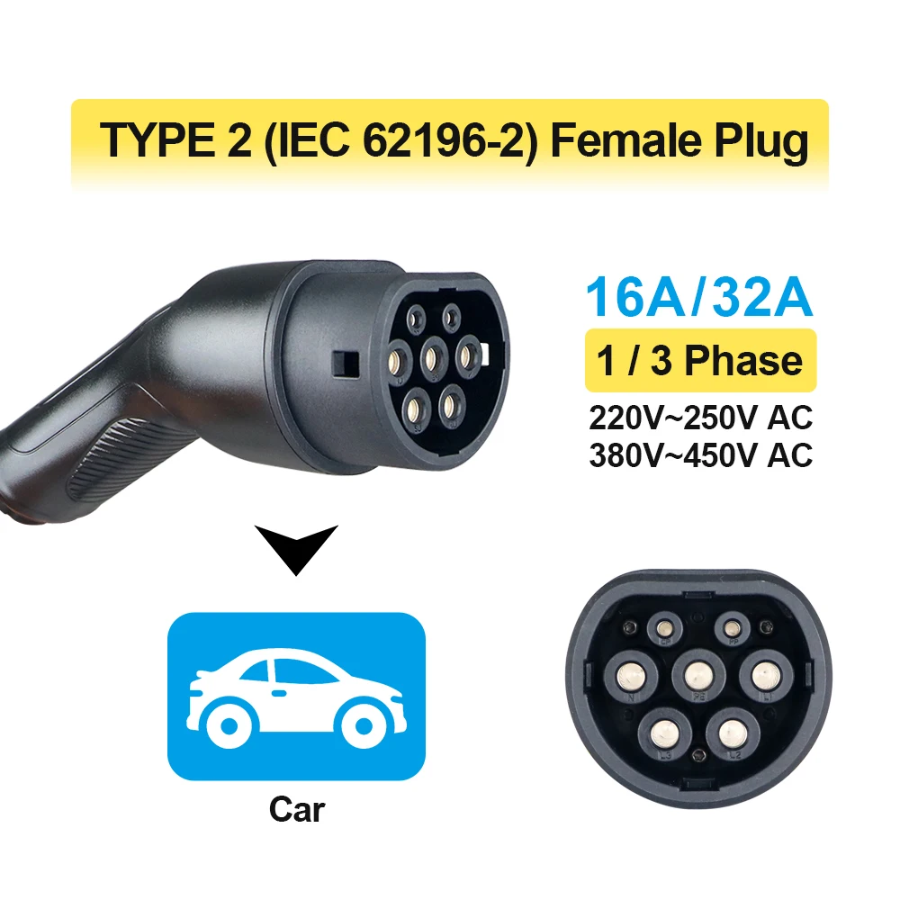 EV Charging Cable 16A/32A 1P/3P 3.6kW/7.2kW/11kW/22KW Type 2 EVSE Charging Station Female to Male Plug With EV Cord 5M