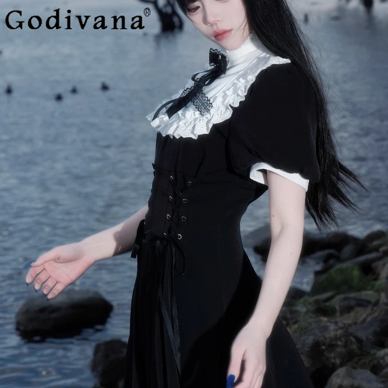 여성 여름 우아한 로리타 스타일 드레스 오리지널 디자인 프랑스어 레트로 드레스 여성 블랙 허리 Cinching 레이스 롱 드레스