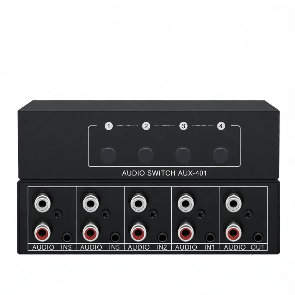 4 In 1 Audio Selector Stereo Switcher Passive RCA And 3.5mm Converter Box Lossless Signal Distribution For Audio Setup