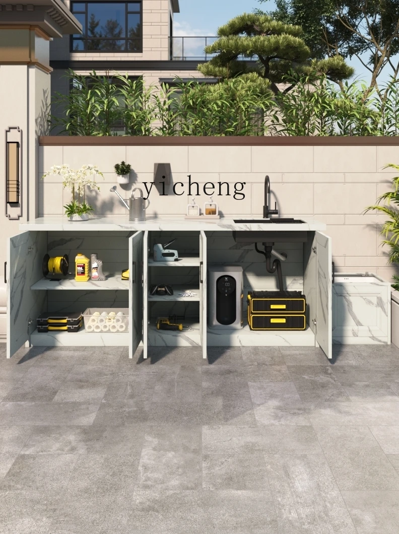 ZC Aluminum Outdoor Wash Basin Cabinet and Mop Pool Sink All-in-One Cabinet Courtyard Balcony Stone Plate