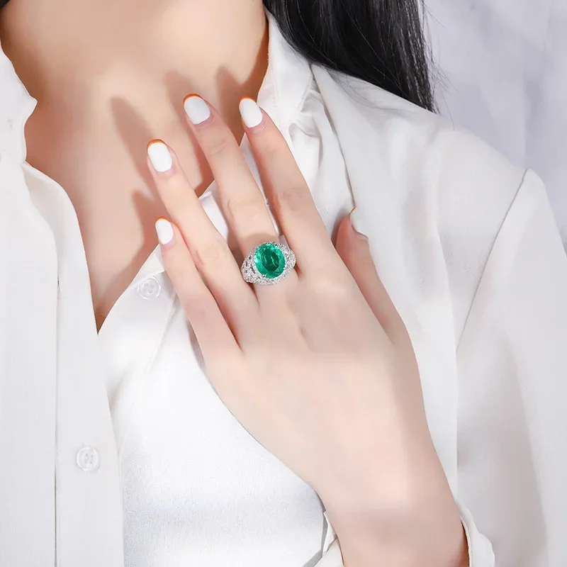 S925 Silver Imitation Wood with Green Palaiba Full Diamond Ring Master 12 * 14 Wedding Jewelry