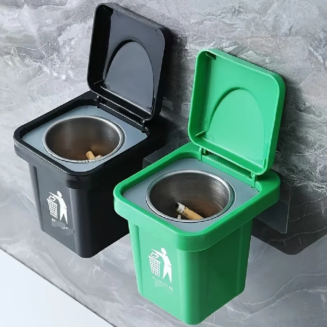 Creative Wall Mounted Trash Can Ashtray Stainless Steel Inner Liner with Lid Anti Fly Ash Toilet Ashtray Cigarette Accessories