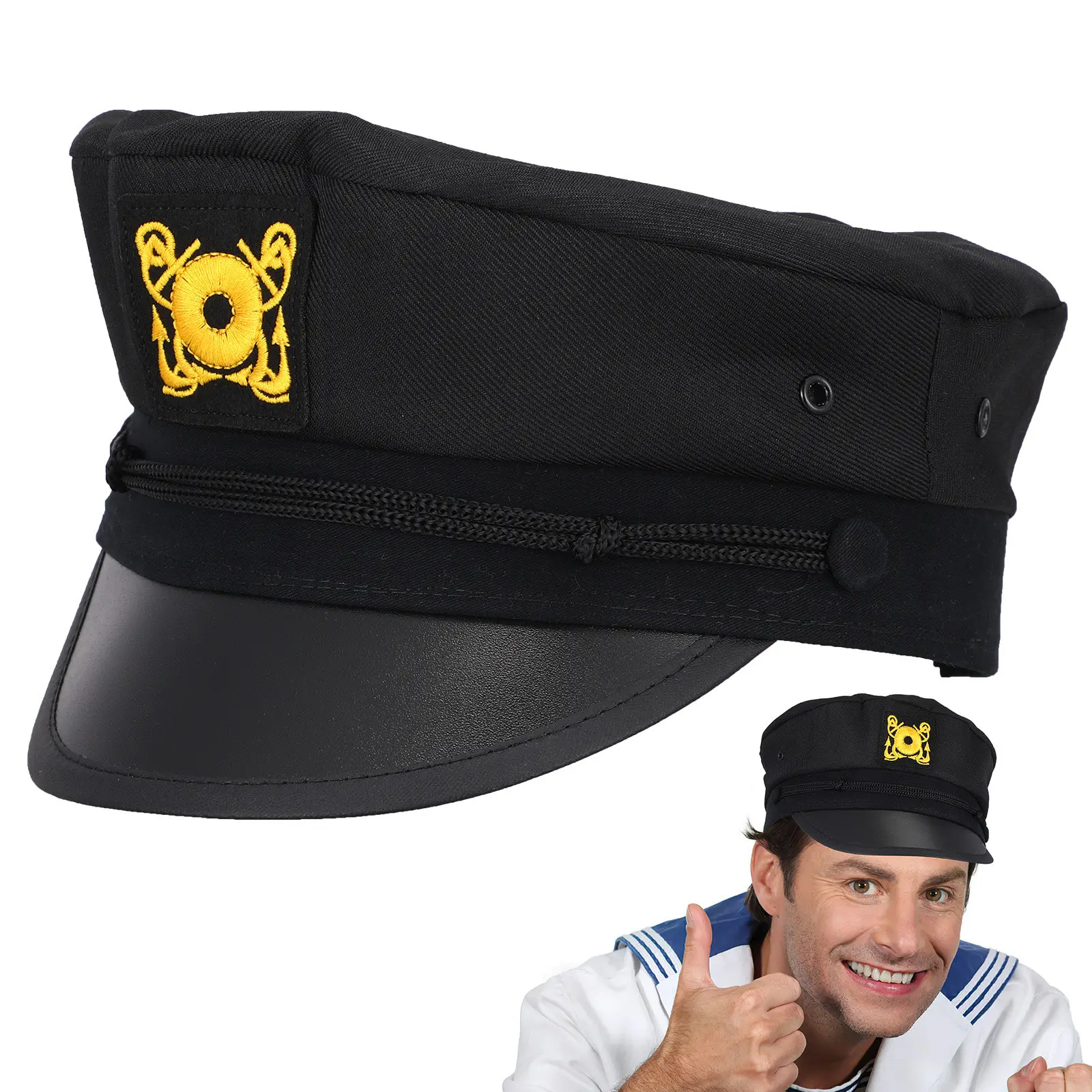 Black Captain Hat Polyester Material Curved Brim Uv Protection Outdoor Travel Casual Party Boating Costume Accessory