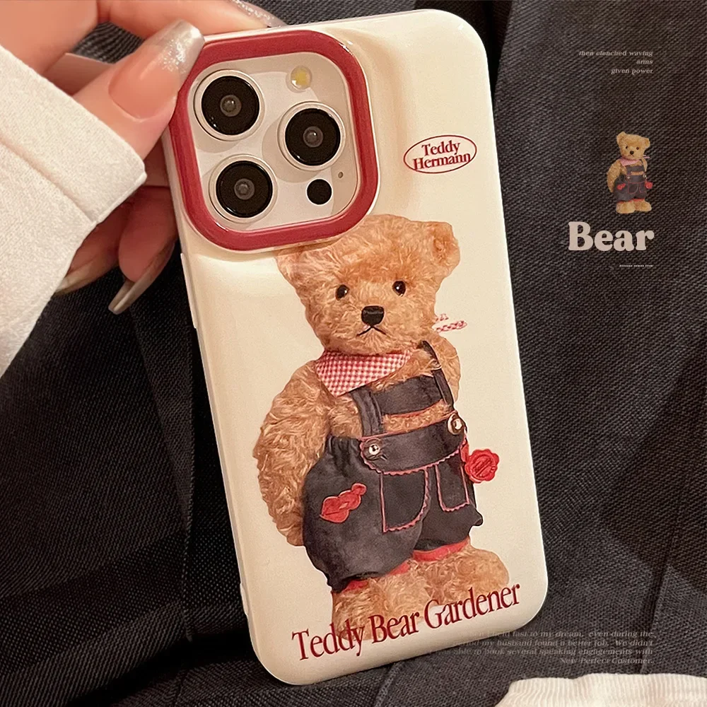 Retro Style Plush Cowboy Bear Phone Case for IPhone16 15 14 12 13 11 Pro ProMax Plus X XR Shockproof Phone Cover