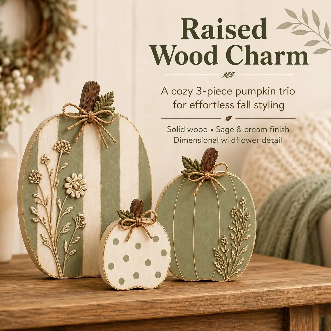 Sage Cream Raised Wildflower Solid Wood Pumpkin Tri,|Autumn Farmhouse Tiered Tray Decor Centerpieces with Rustic Wooden Pumpkins