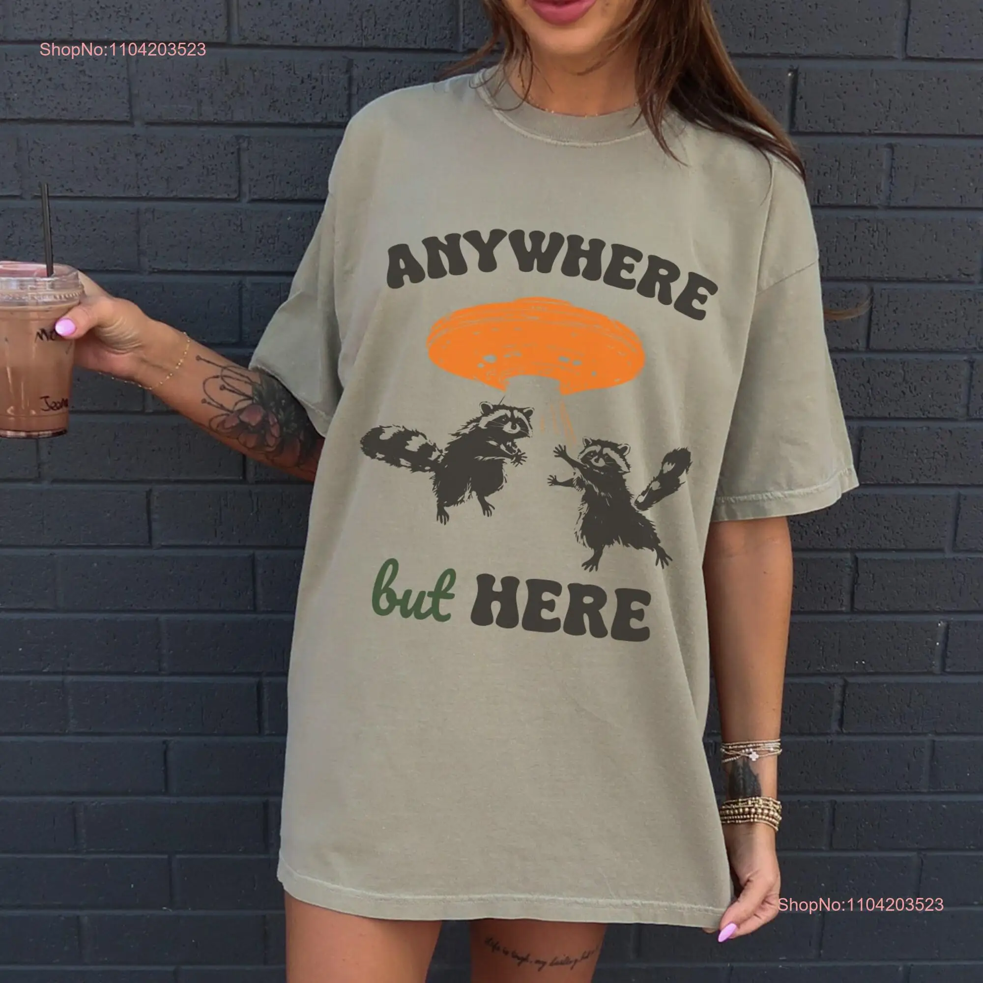 Anywhere But Here Raccoon UFO T Shirt Retro Hand Drawn Cool Vintage Style Meme Comfort Colors long or short sleeves