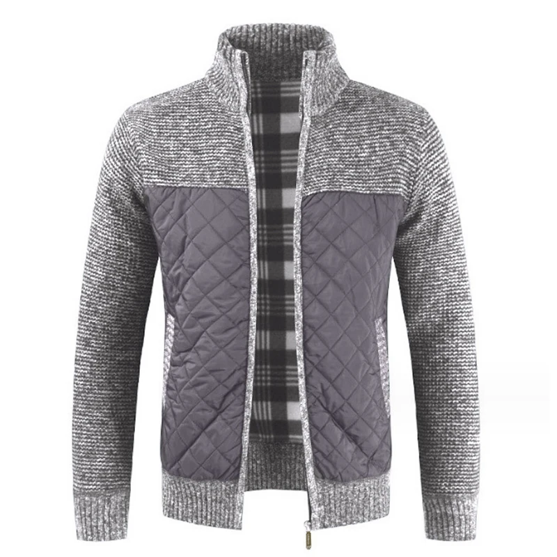 Autumn Winter Men's Casual Collar Long-sleeved Sweater Cardigan Jacket Striped Plaid Zipper Color Matching Warm Knit Jacket