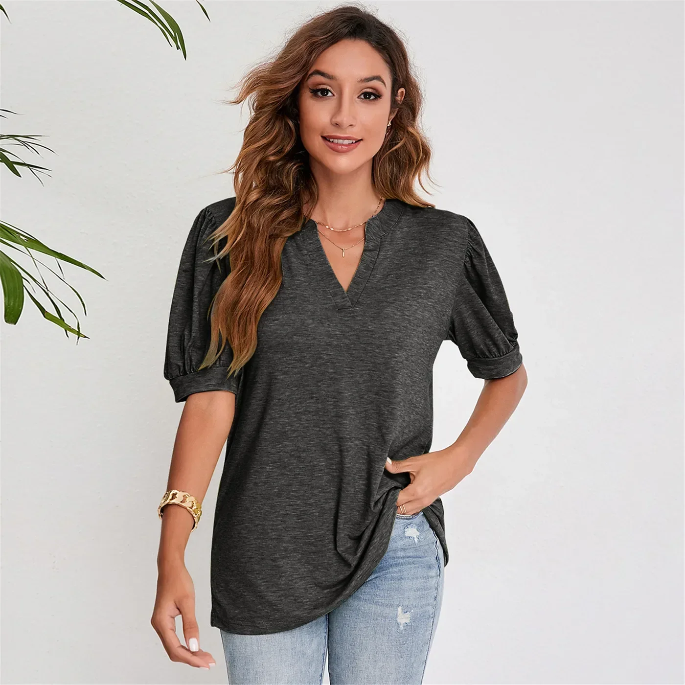 Woman T-shirt Women's Clothing Tops Cute Blouse T Shirt Short Puff Sleeve Khaki Green Navy White Black Female Clothes for Women