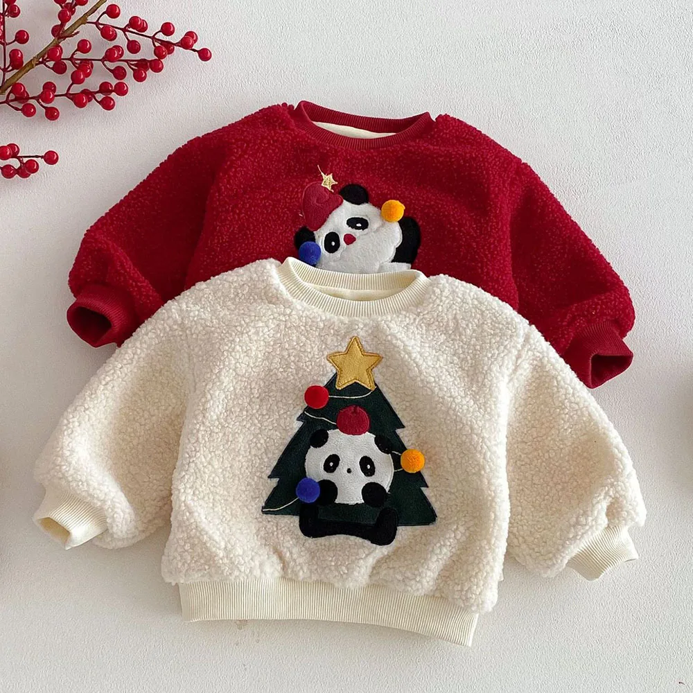 Boy Sweatshirt Velvet Thicken Warm Winter Children Clothing Cute Animal Print New Year Christmas Toddler Girl Long Sleeve Tops