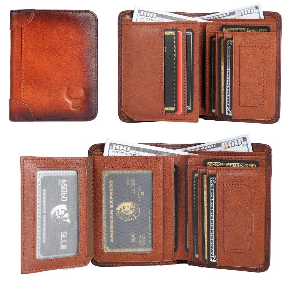 

Vintage Fashion Men's Wallet Genuine Leather Bullcaptain RFID Wallet With Coin Short Wallet Card Holder Clutch