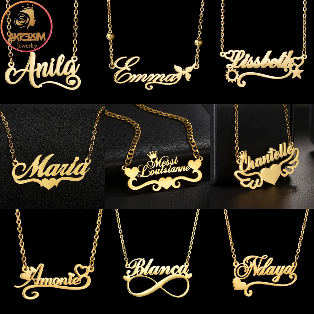 Akizoom Custom Name Necklaces Personalized Multiple Styles Nameplate Stainless Steel Chain Choker for Women Kids Jewelry Gift