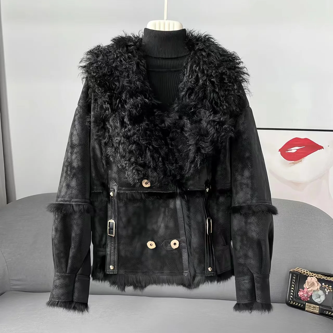 Leather Jacket for Women, Wool Collar, Rabbit Fur Coat,Loose Short Overcoat, Warm Female Clothing, Winter, High Quality, New