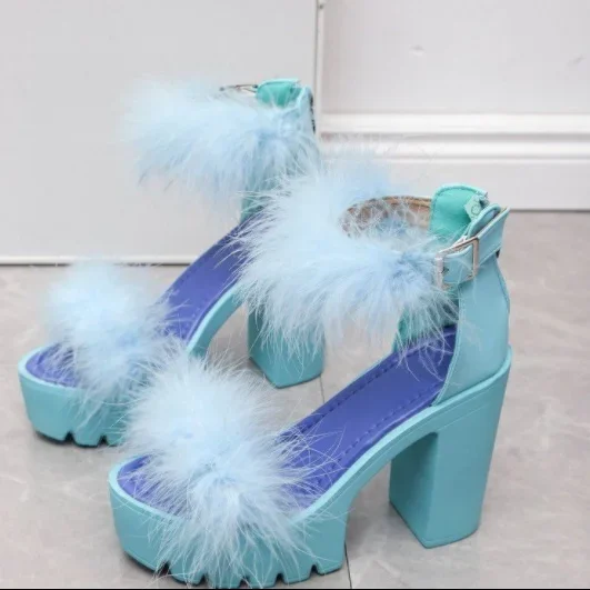 2023 Women Shoes Coarse-heeled Fur Rubber SandalsWomen  Womens Platform Heels Mary Janes Shoes High Heels Leather Shoes