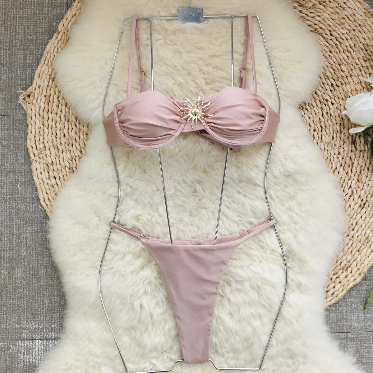 Sexy Bikini Set Pleated Detail - Adjustable Straps Stylish Solid Beach Wear Parties Bathing Suit Beachwear Biquine Brasileiro