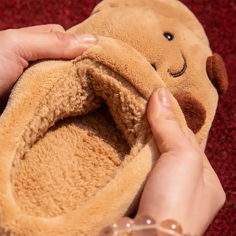 Cute Cartoon Fluffy Slippers For Women Men Winter House Shoes Furry Croissant Bread Style Anti-slip Couples Home Cotton Slides - Image 4